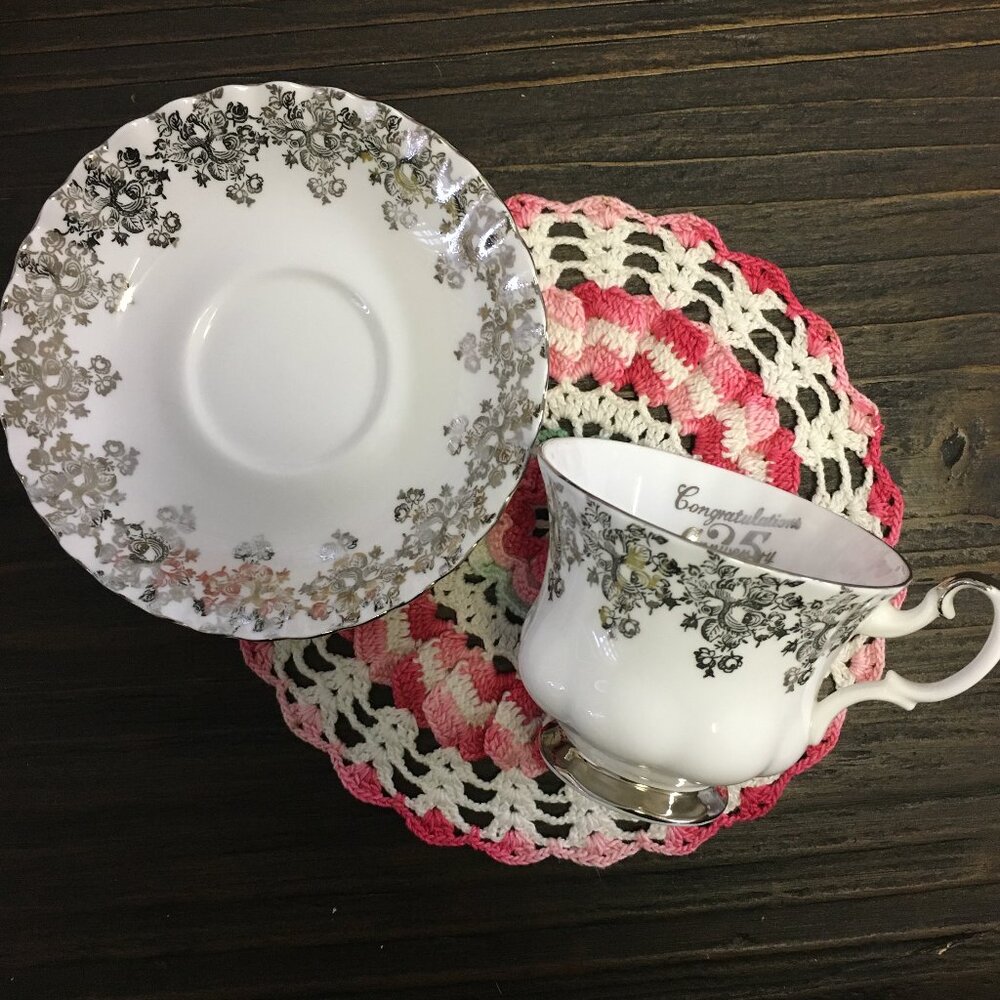 Royal Albert England 25th Anniversary Silver Filigree Teacup Saucer Set